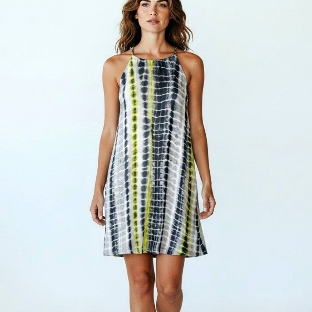 Womens Grey Lime Green Tie Dye Halter Mini Dress Sleeveless Boho Summer Sz‎ L